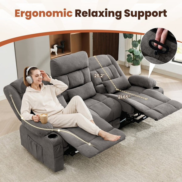 English Elm 84" Three Seat Manual Reclining Sofa with Cup Holders Breathable Fabric Home Theater W1521S00092