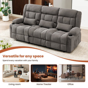 English Elm 84" Three Seat Manual Reclining Sofa with Cup Holders Breathable Fabric Home Theater W1521S00092