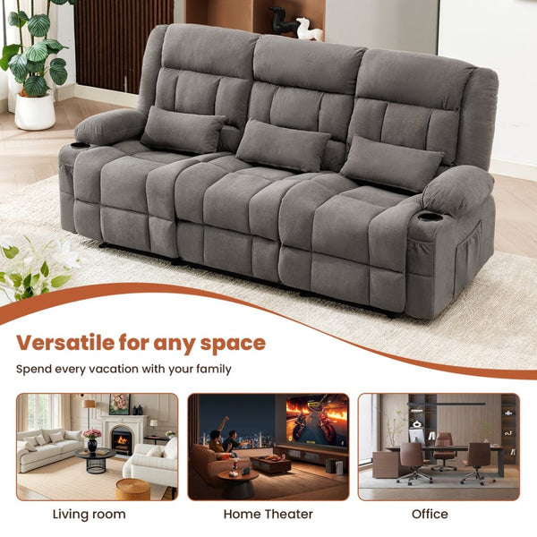 English Elm 84" Three Seat Manual Reclining Sofa with Cup Holders Breathable Fabric Home Theater W1521S00092