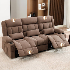 English Elm 84" Three Seat Manual Reclining Sofa with Cup Holders Breathable Fabric Home Theater Brown W1521S00093