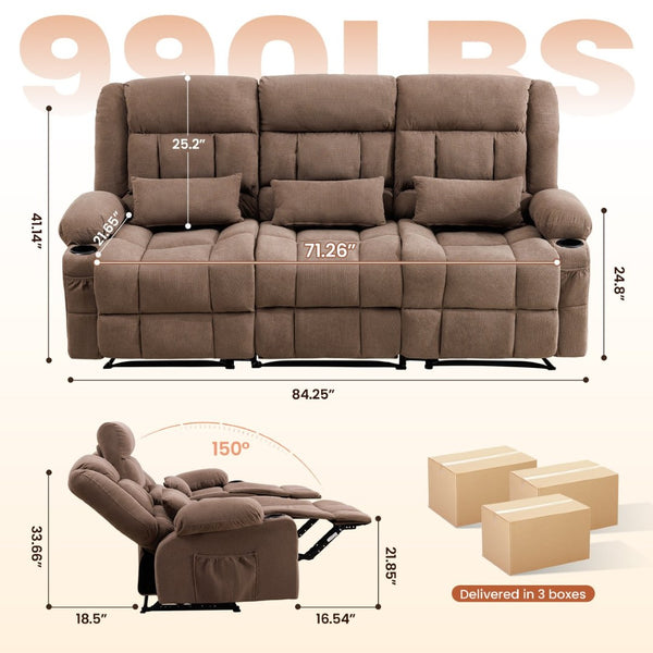 English Elm 84" Three Seat Manual Reclining Sofa with Cup Holders Breathable Fabric Home Theater Brown W1521S00093