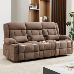 English Elm 84" Three Seat Manual Reclining Sofa with Cup Holders Breathable Fabric Home Theater Brown W1521S00093