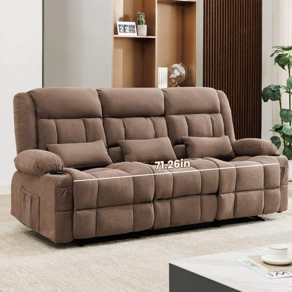 English Elm 84" Three Seat Manual Reclining Sofa with Cup Holders Breathable Fabric Home Theater Brown W1521S00093