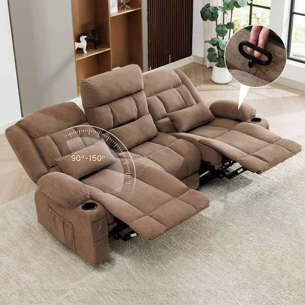 English Elm 84" Three Seat Manual Reclining Sofa with Cup Holders Breathable Fabric Home Theater Brown W1521S00093