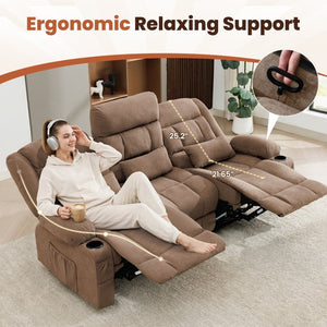 English Elm 84" Three Seat Manual Reclining Sofa with Cup Holders Breathable Fabric Home Theater Brown W1521S00093