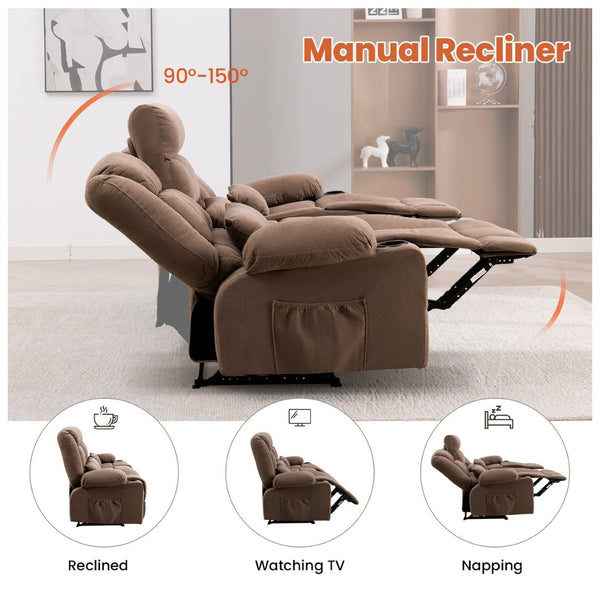 English Elm 84" Three Seat Manual Reclining Sofa with Cup Holders Breathable Fabric Home Theater Brown W1521S00093