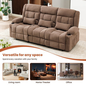 English Elm 84" Three Seat Manual Reclining Sofa with Cup Holders Breathable Fabric Home Theater Brown W1521S00093