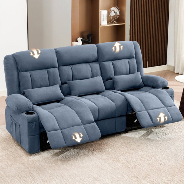 English Elm 84" Three Seat Manual Reclining Sofa with Cup Holders Breathable Fabric Home Theater Blue W1521S00094