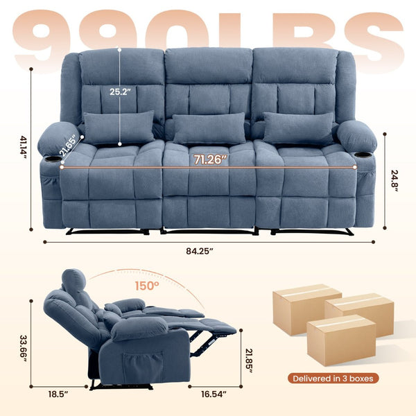 English Elm 84" Three Seat Manual Reclining Sofa with Cup Holders Breathable Fabric Home Theater Blue W1521S00094