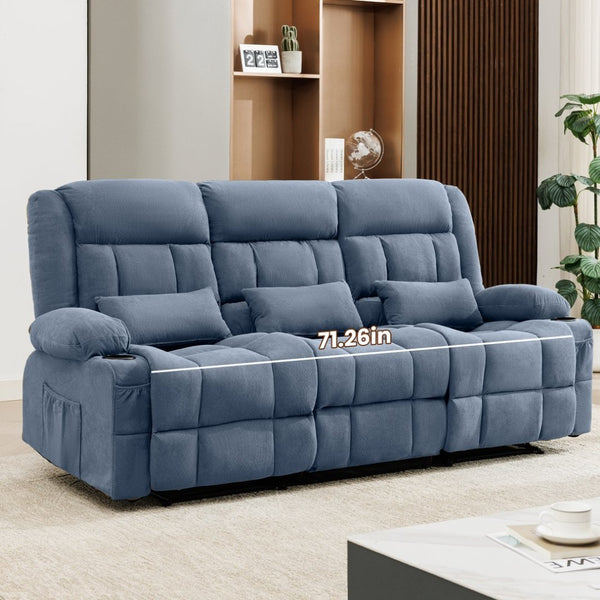 English Elm 84" Three Seat Manual Reclining Sofa with Cup Holders Breathable Fabric Home Theater Blue W1521S00094
