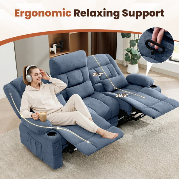English Elm 84" Three Seat Manual Reclining Sofa with Cup Holders Breathable Fabric Home Theater Blue W1521S00094