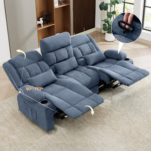 English Elm 84" Three Seat Manual Reclining Sofa with Cup Holders Breathable Fabric Home Theater Blue W1521S00094