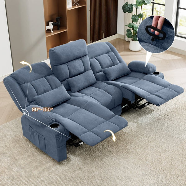 English Elm 84" Three Seat Manual Reclining Sofa with Cup Holders Breathable Fabric Home Theater Blue W1521S00094