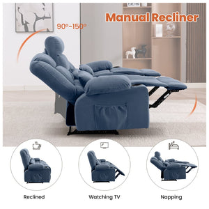 English Elm 84" Three Seat Manual Reclining Sofa with Cup Holders Breathable Fabric Home Theater Blue W1521S00094
