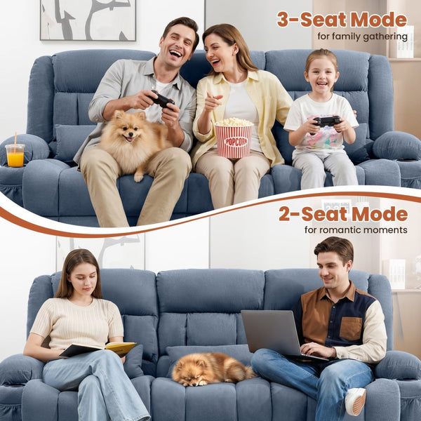 English Elm 84" Three Seat Manual Reclining Sofa with Cup Holders Breathable Fabric Home Theater Blue W1521S00094