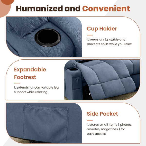 English Elm 84" Three Seat Manual Reclining Sofa with Cup Holders Breathable Fabric Home Theater Blue W1521S00094