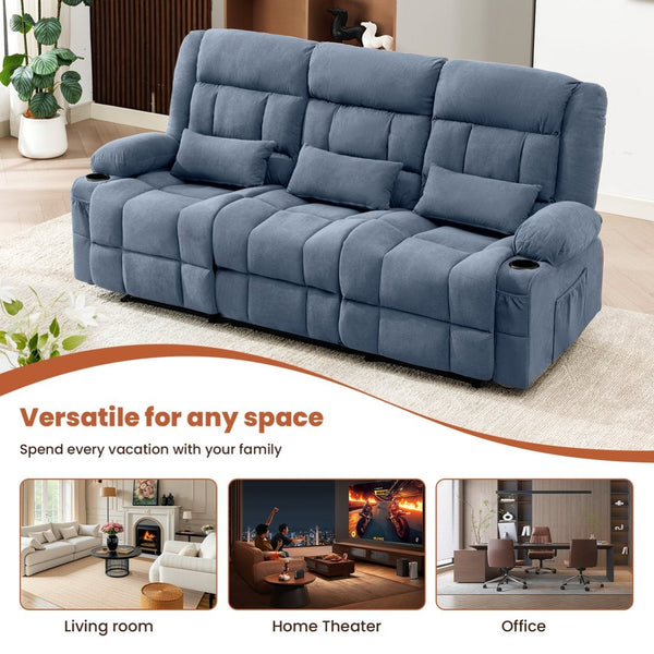 English Elm 84" Three Seat Manual Reclining Sofa with Cup Holders Breathable Fabric Home Theater Blue W1521S00094