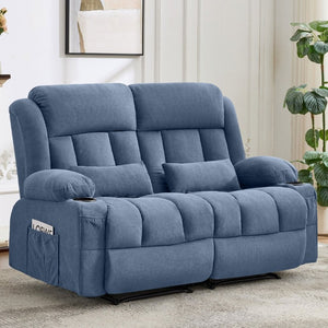 English Elm Reclining Loveseat with Cup Holders Side Pockets and 155 Degree Fabric Seating Blue W1521S00096