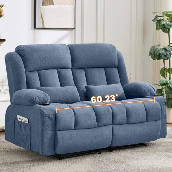English Elm Reclining Loveseat with Cup Holders Side Pockets and 155 Degree Fabric Seating Blue W1521S00096
