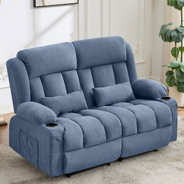 English Elm Reclining Loveseat with Cup Holders Side Pockets and 155 Degree Fabric Seating Blue W1521S00096