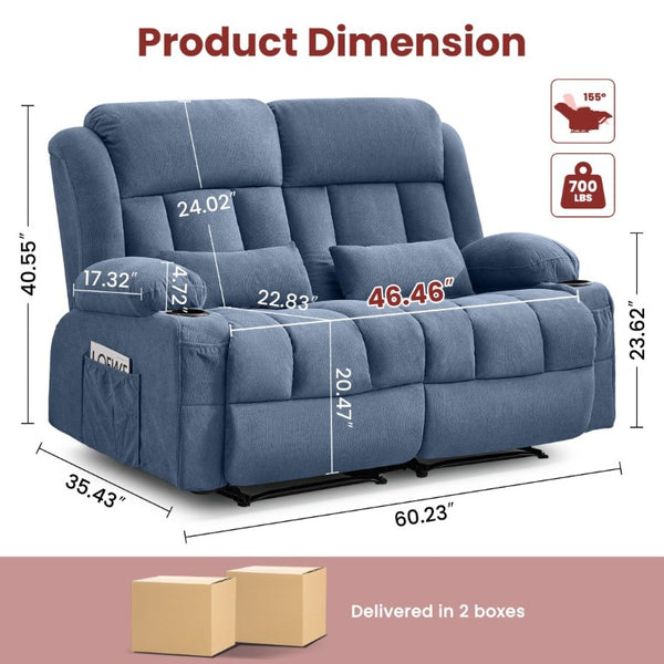 English Elm Reclining Loveseat with Cup Holders Side Pockets and 155 Degree Fabric Seating Blue W1521S00096