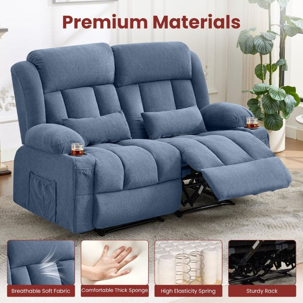 English Elm Reclining Loveseat with Cup Holders Side Pockets and 155 Degree Fabric Seating Blue W1521S00096