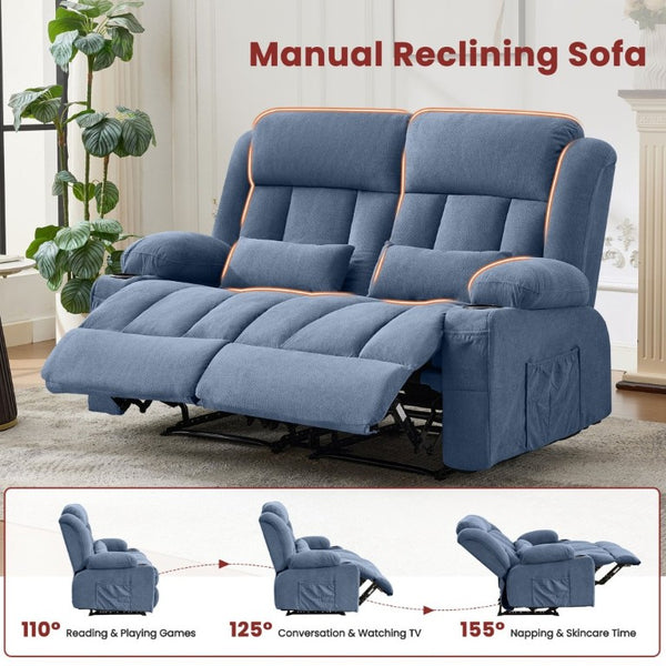 English Elm Reclining Loveseat with Cup Holders Side Pockets and 155 Degree Fabric Seating Blue W1521S00096