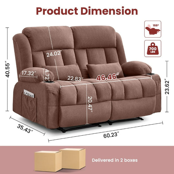 English Elm Reclining Loveseat with Cup Holders Side Pockets and 155 Degree Fabric Seating Brown W1521S00097