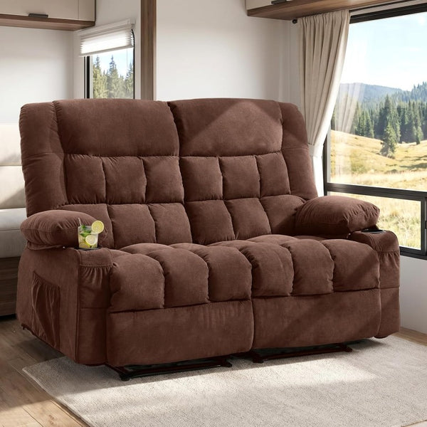 English Elm Recliner Loveseat Two Seat Manual with Cup Holders Console and Foam Cushion Support Brown W1521S00099