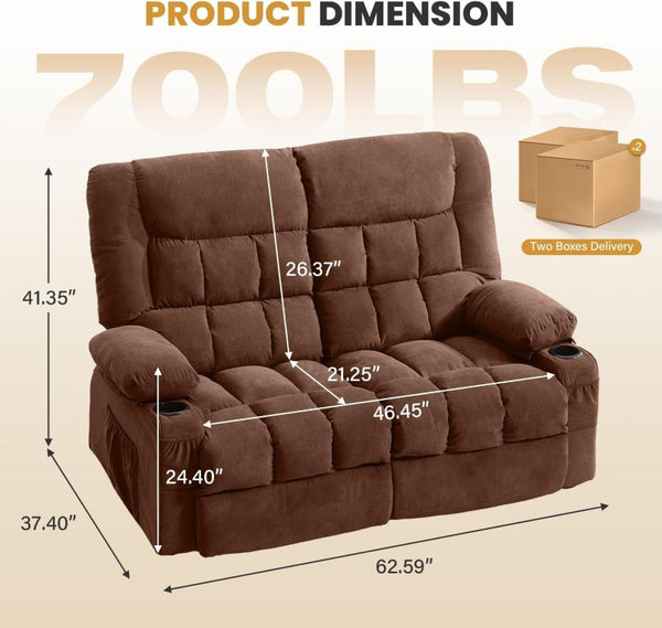 English Elm Recliner Loveseat Two Seat Manual with Cup Holders Console and Foam Cushion Support Brown W1521S00099