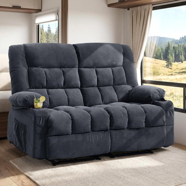English Elm Recliner Loveseat Two Seat Manual with Cup Holders Console and Foam Cushion Support Blue W1521S00100