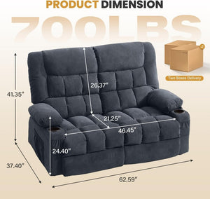 English Elm Recliner Loveseat Two Seat Manual with Cup Holders Console and Foam Cushion Support Blue W1521S00100