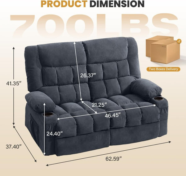 English Elm Recliner Loveseat Two Seat Manual with Cup Holders Console and Foam Cushion Support Blue W1521S00100