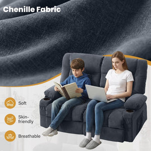 English Elm Recliner Loveseat Two Seat Manual with Cup Holders Console and Foam Cushion Support Blue W1521S00100