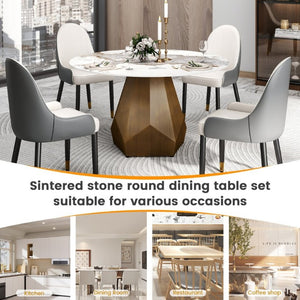 English Elm 53 Inch Round Sintered Stone Dining Table Brass Base Mid Century Style Seats Six W1535P521304