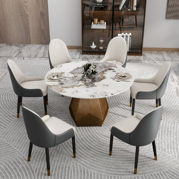English Elm 53 Inch Round Sintered Stone Dining Table Brass Base Mid Century Style Seats Six W1535P521304