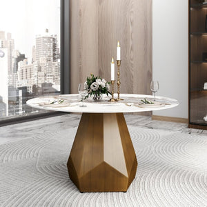 English Elm 53 Inch Round Sintered Stone Dining Table Brass Base Mid Century Style Seats Six W1535P521304