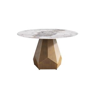 English Elm 53 Inch Round Sintered Stone Dining Table Brass Base Mid Century Style Seats Six W1535P521304