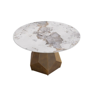 English Elm 53 Inch Round Sintered Stone Dining Table Brass Base Mid Century Style Seats Six W1535P521304