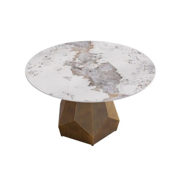 English Elm 53 Inch Round Sintered Stone Dining Table Brass Base Mid Century Style Seats Six W1535P521304
