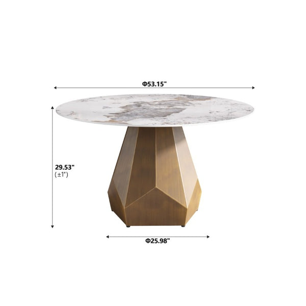 English Elm 53 Inch Round Sintered Stone Dining Table Brass Base Mid Century Style Seats Six W1535P521304