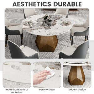 English Elm 53 Inch Round Sintered Stone Dining Table Brass Base Mid Century Style Seats Six W1535P521304