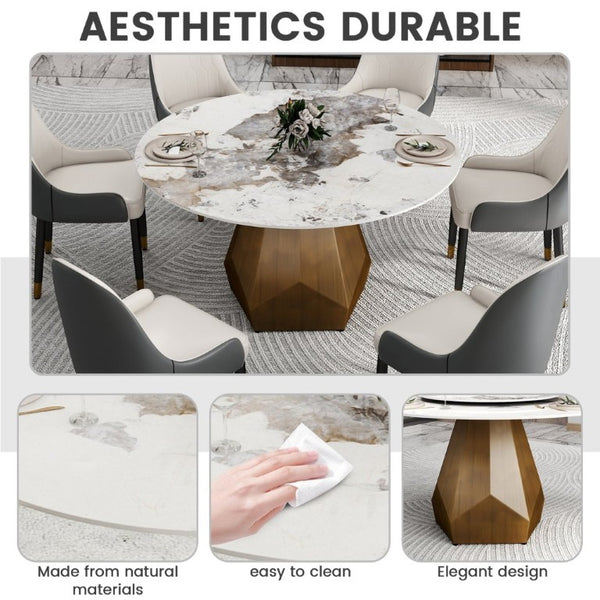 English Elm 53 Inch Round Sintered Stone Dining Table Brass Base Mid Century Style Seats Six W1535P521304
