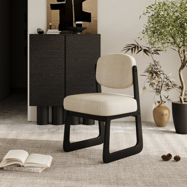 English Elm Walnut Finish Solid Wood Dining Chair Cream Upholstered Ergonomic Seat for Home Study Black W1535P552062
