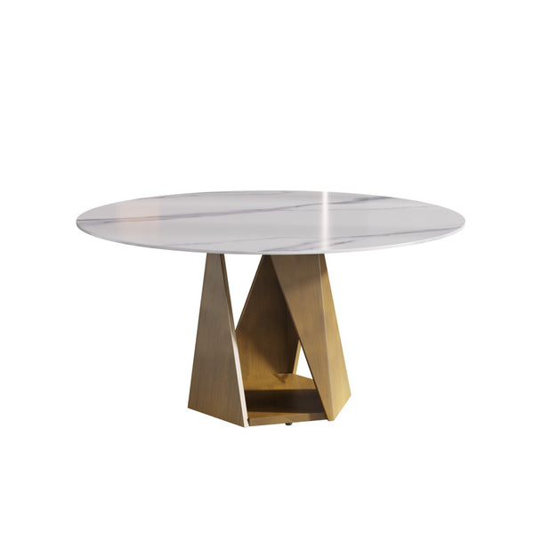 English Elm 59.05" Round Sintered Stone Dining Table Bronze Iron Pedestal Seats 8 White W1535S00649