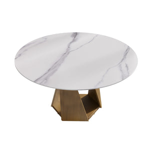 English Elm 59.05" Round Sintered Stone Dining Table Bronze Iron Pedestal Seats 8 White W1535S00649