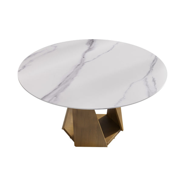 English Elm 59.05" Round Sintered Stone Dining Table Bronze Iron Pedestal Seats 8 White W1535S00649