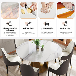 English Elm 59.05" Round Sintered Stone Dining Table Bronze Iron Pedestal Seats 8 White W1535S00649