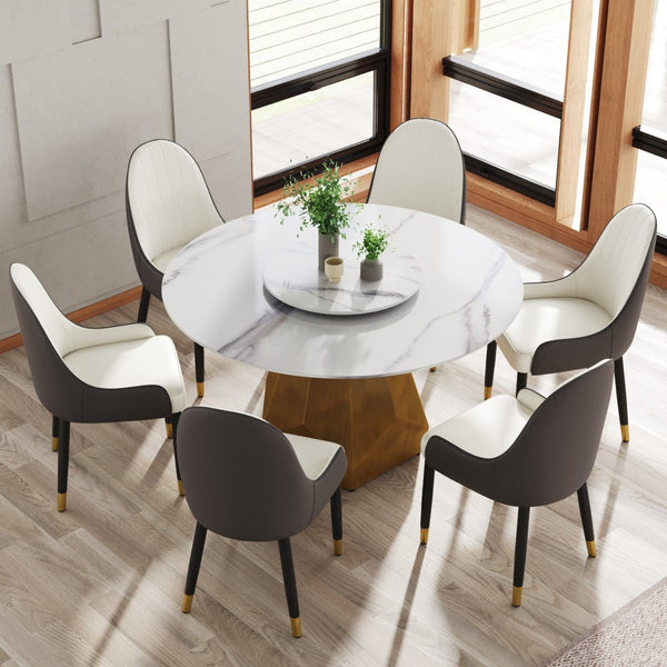 English Elm 53" Round Sintered Stone Dining Table Brass Base Lazy Susan Seats Six Modern W1535S00651