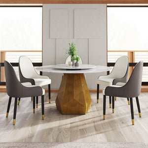 English Elm 53" Round Sintered Stone Dining Table Brass Base Lazy Susan Seats Six Modern W1535S00651